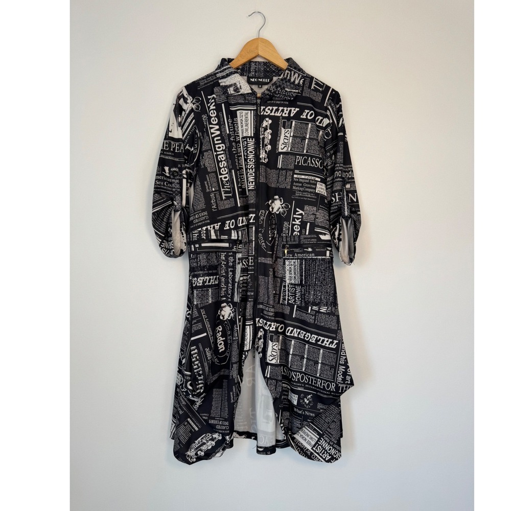 Newsprint Avant-Garde Neo Noble Zip Front Shirt Dress‎ Womens Small Black White